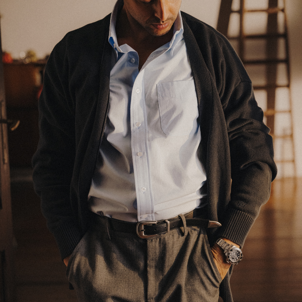 Vintage Fit Cardigan in Solid Navy — styled product view