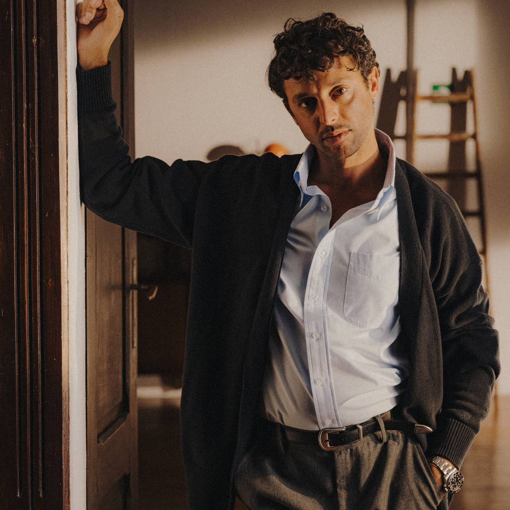 Vintage Fit Cardigan in Solid Navy — lifestyle styling
