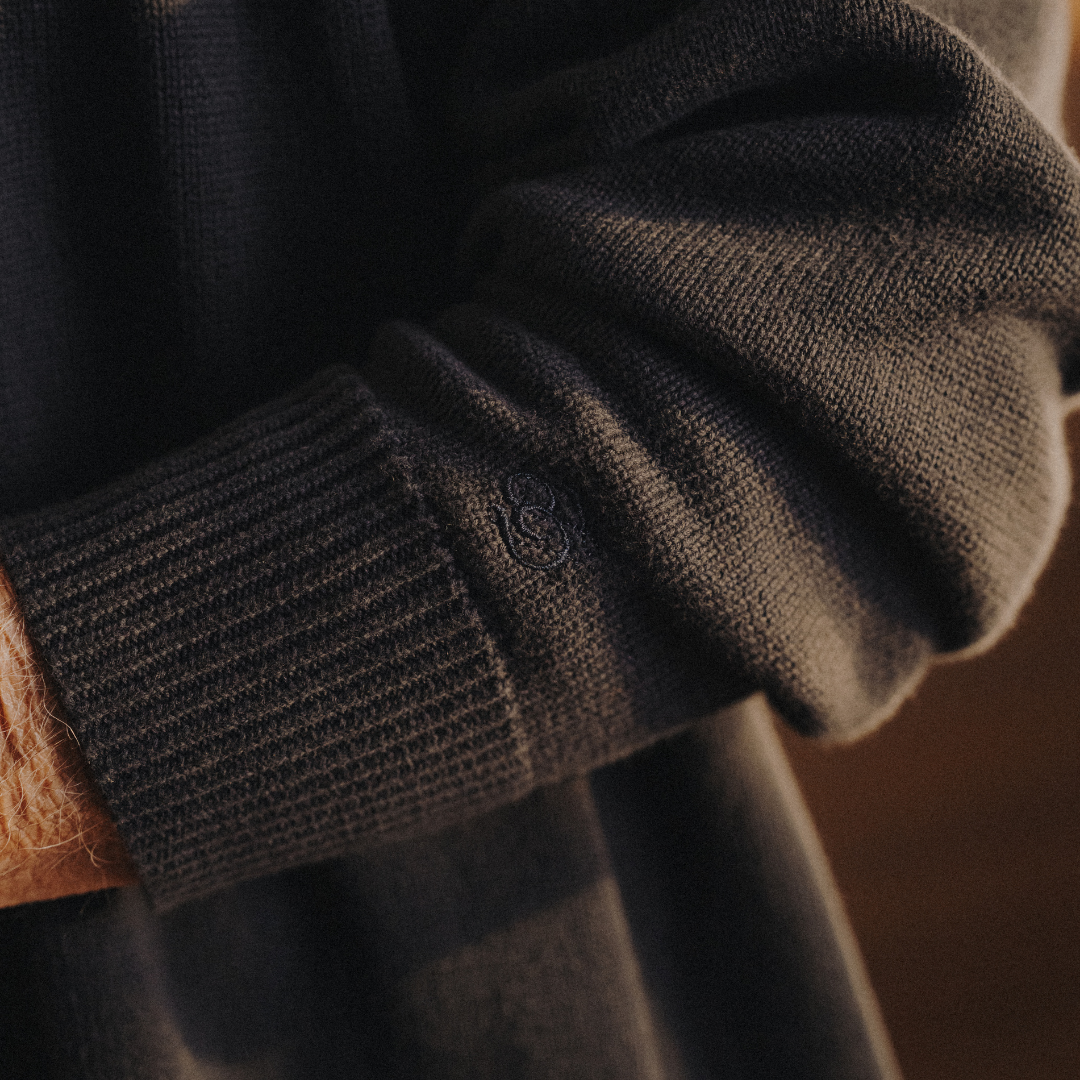 Vintage Fit Cardigan in Solid Navy — styled close-up