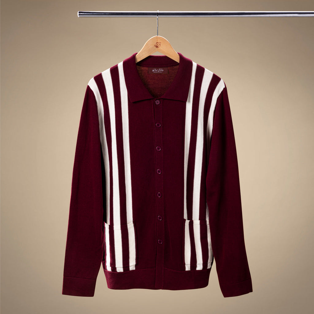 Vintage Stripe Polo Cardigan in Burgundy and Cream Stripe — front product view