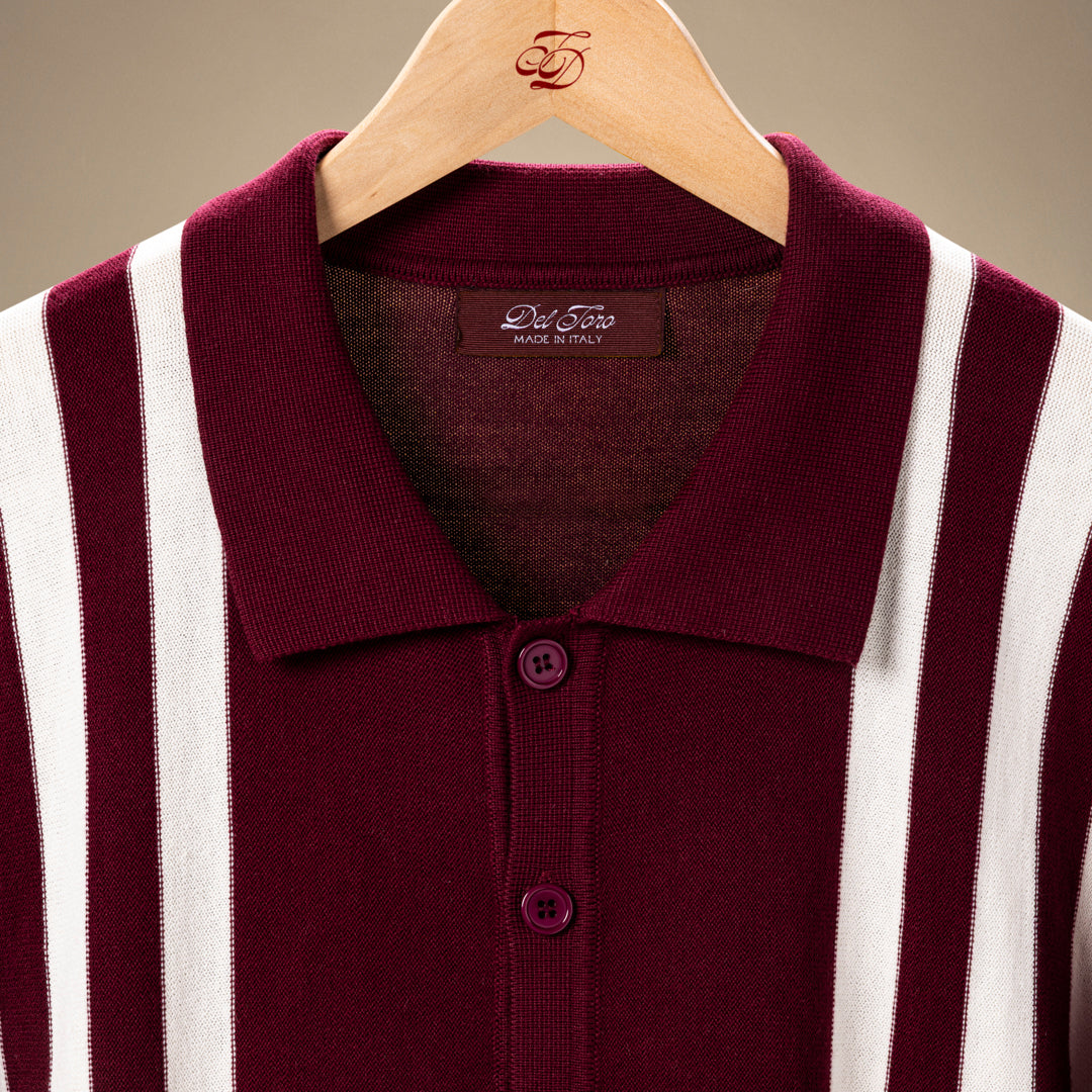 Vintage Stripe Polo Cardigan in Burgundy and Cream Stripe — garment detail