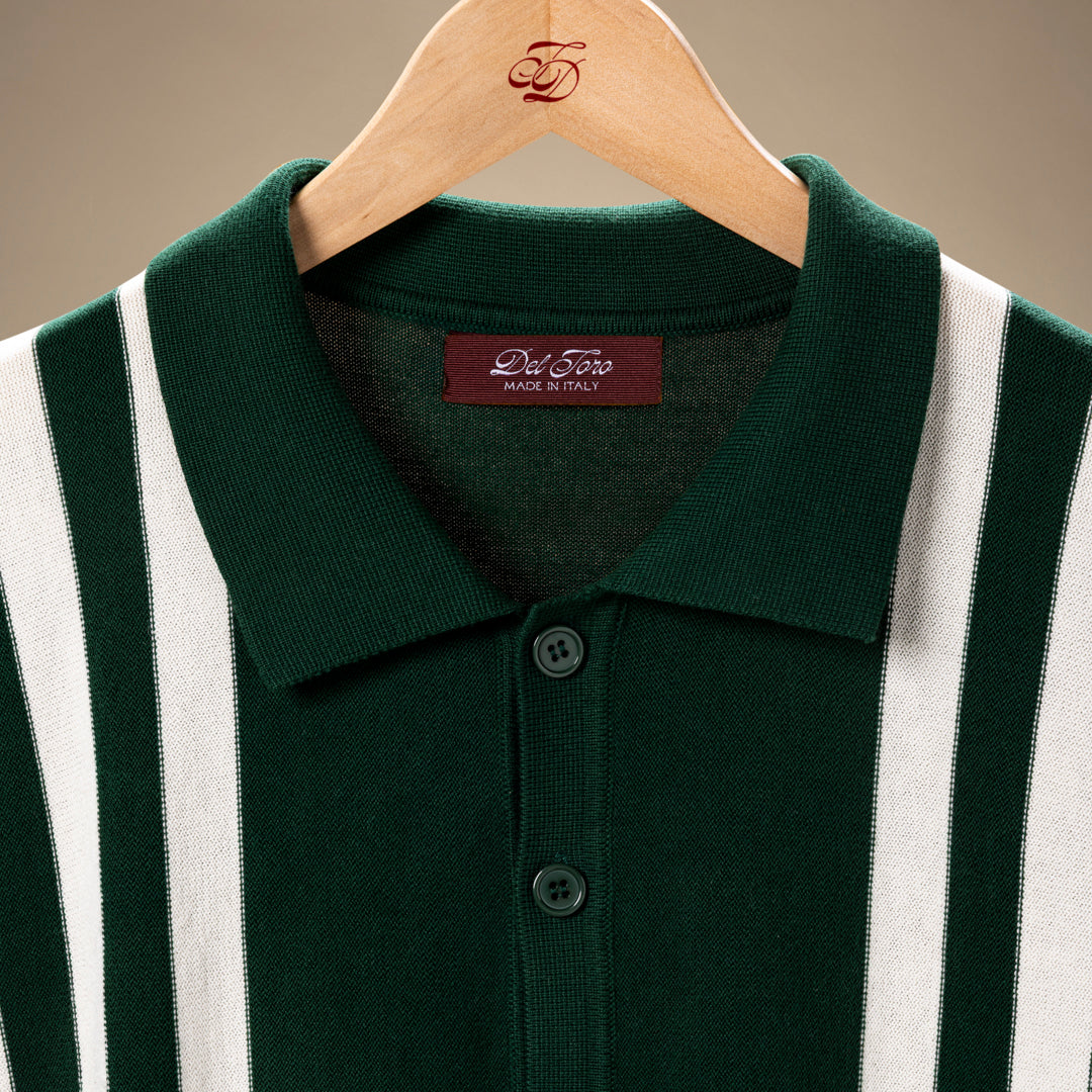 Vintage Stripe Polo Cardigan in Green and Cream Stripe — garment detail