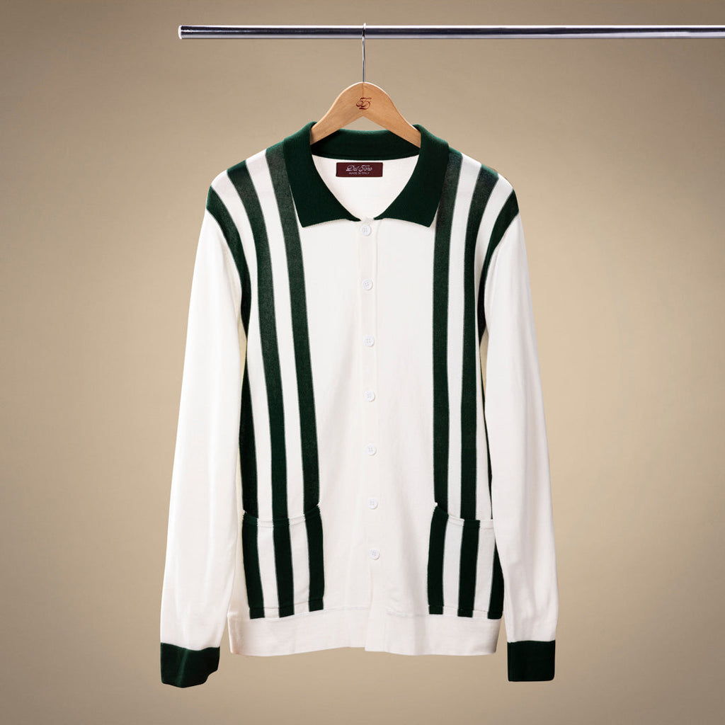 Vintage Stripe Polo Cardigan in Vintage White and Forest Stripe — front product view