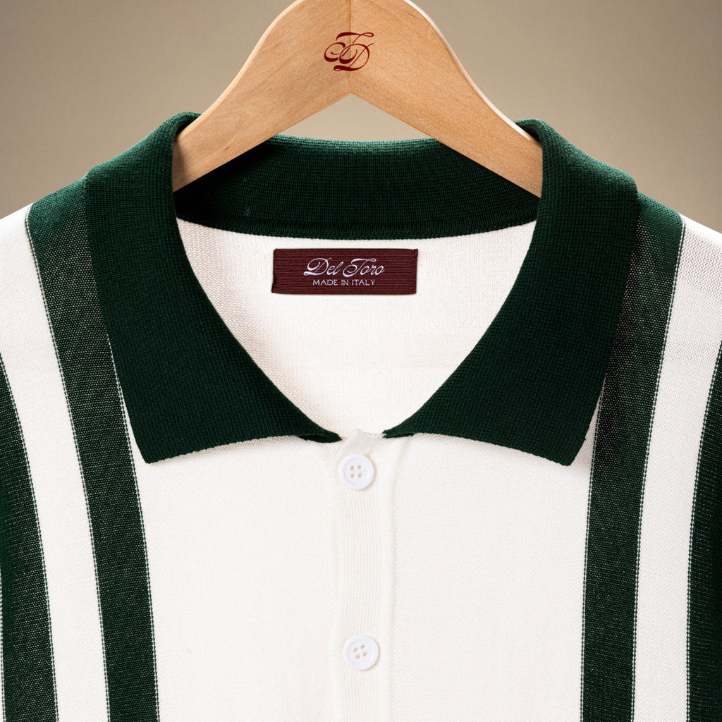Vintage Stripe Polo Cardigan in Vintage White and Forest Stripe — garment detail