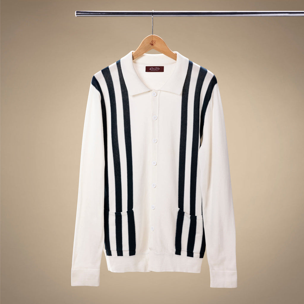 Vintage Stripe Polo Cardigan in Vintage White and Oceana Stripe — front product view