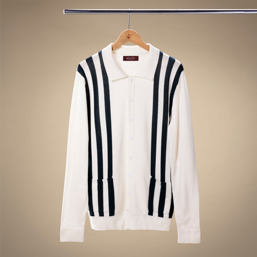 Vintage Stripe Polo Cardigan in Vintage White and Oceana Stripe — front product view