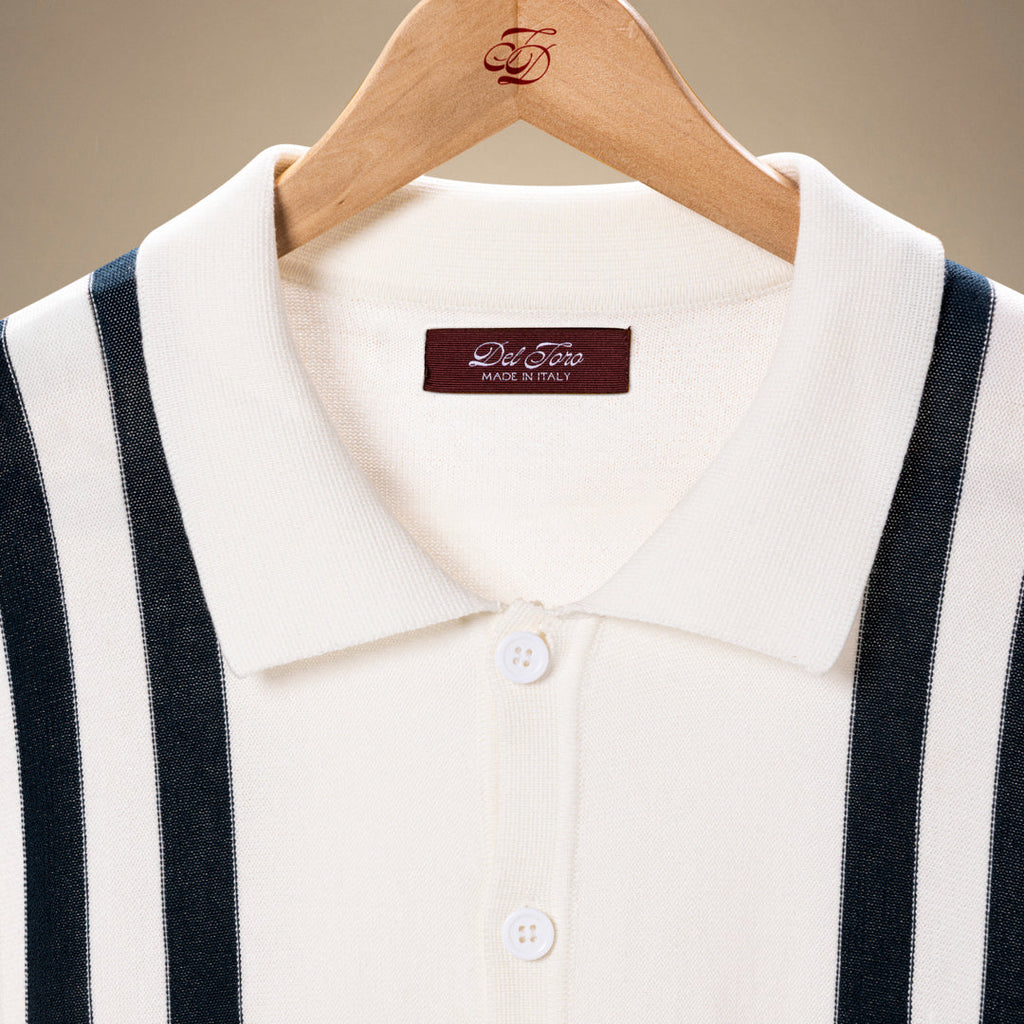 Vintage Stripe Polo Cardigan in Vintage White and Oceana Stripe — garment detail