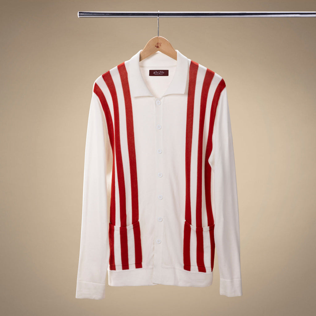 Vintage Stripe Polo Cardigan in Vintage White and Red Stripe — front product view