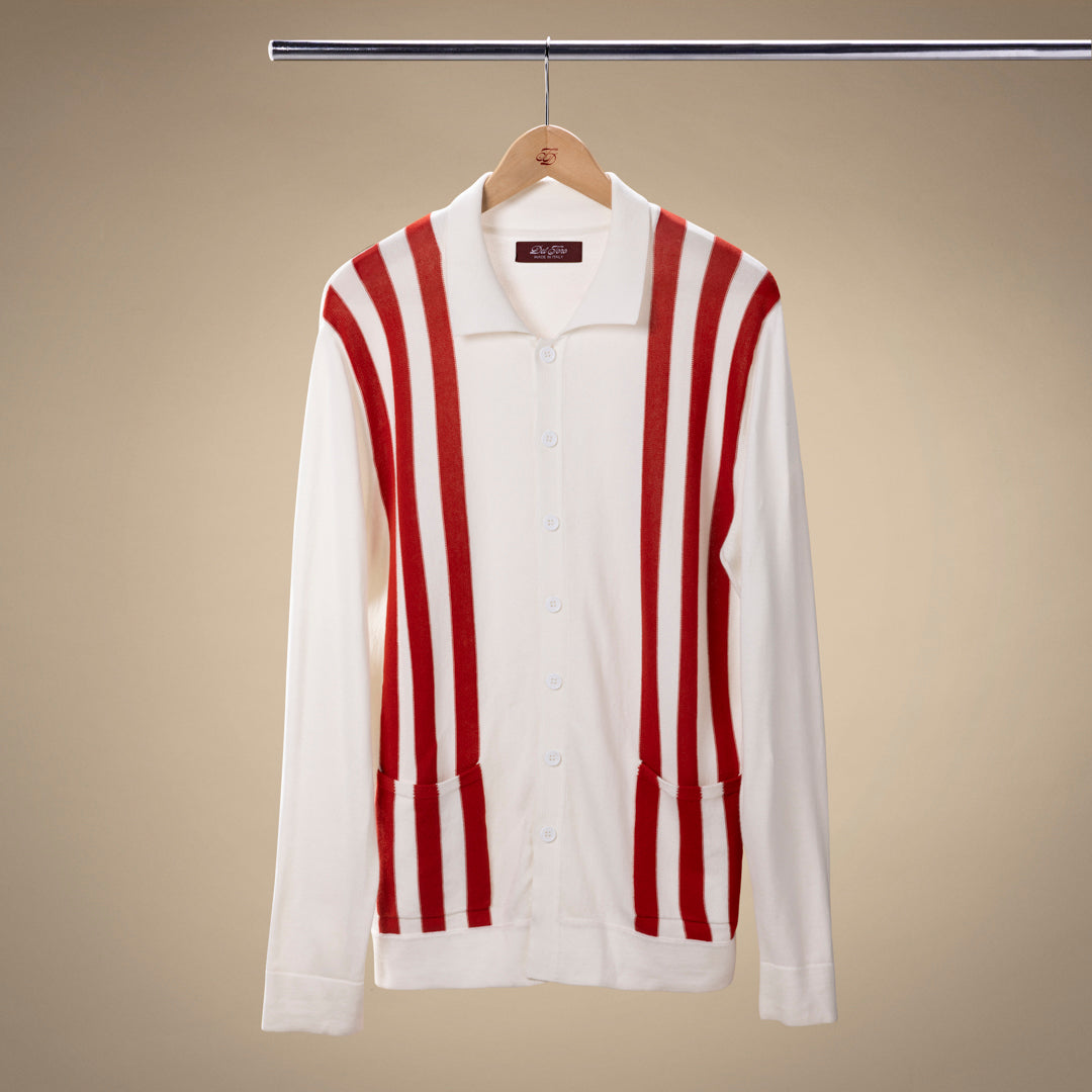 Vintage Stripe Polo Cardigan in Vintage White and Red Stripe — front product view