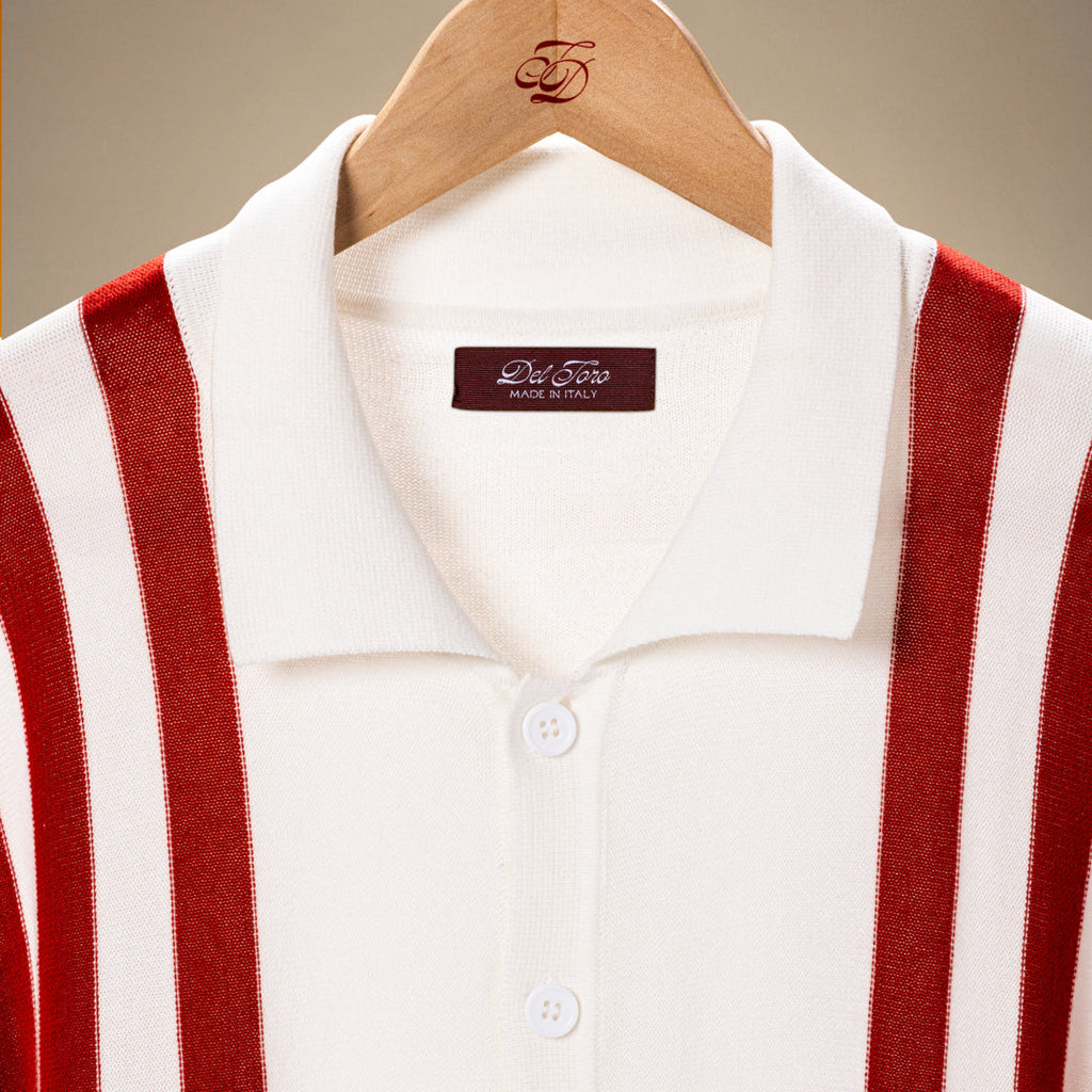 Vintage Stripe Polo Cardigan in Vintage White and Red Stripe — garment detail