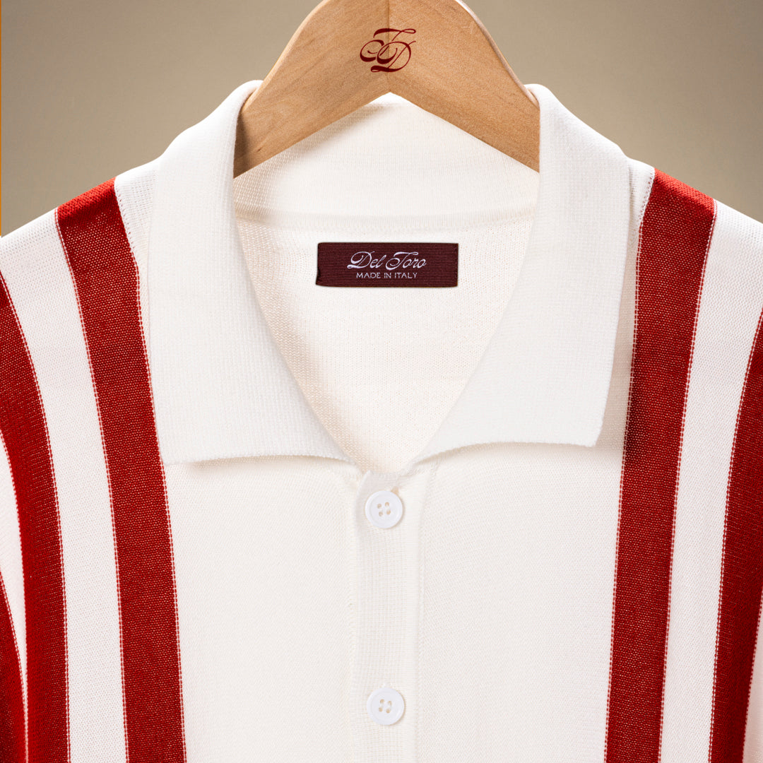 Vintage Stripe Polo Cardigan in Vintage White and Red Stripe — garment detail