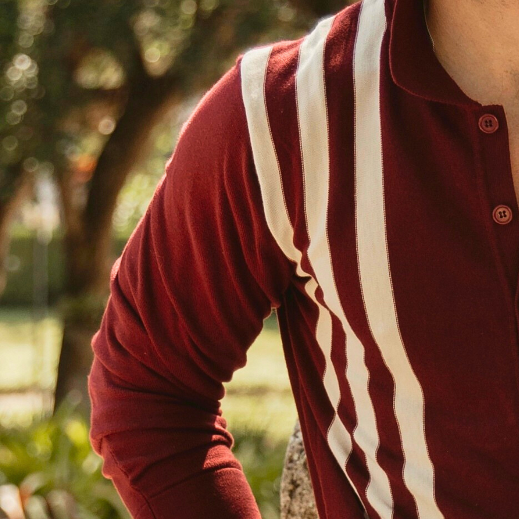 Vintage Stripe Polo Cardigan in Burgundy and Cream Stripe — styled close-up