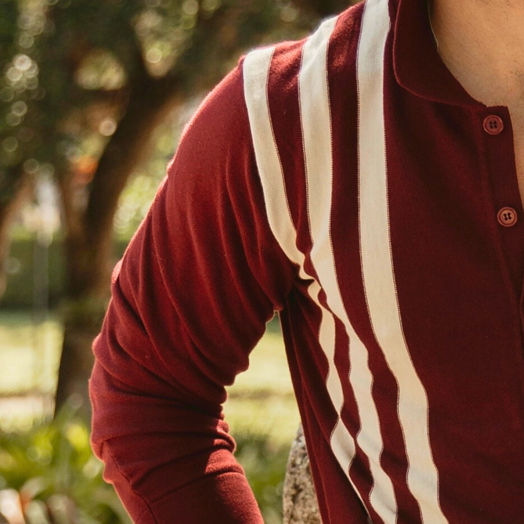 Vintage Stripe Polo Cardigan in Burgundy and Cream Stripe — styled close-up