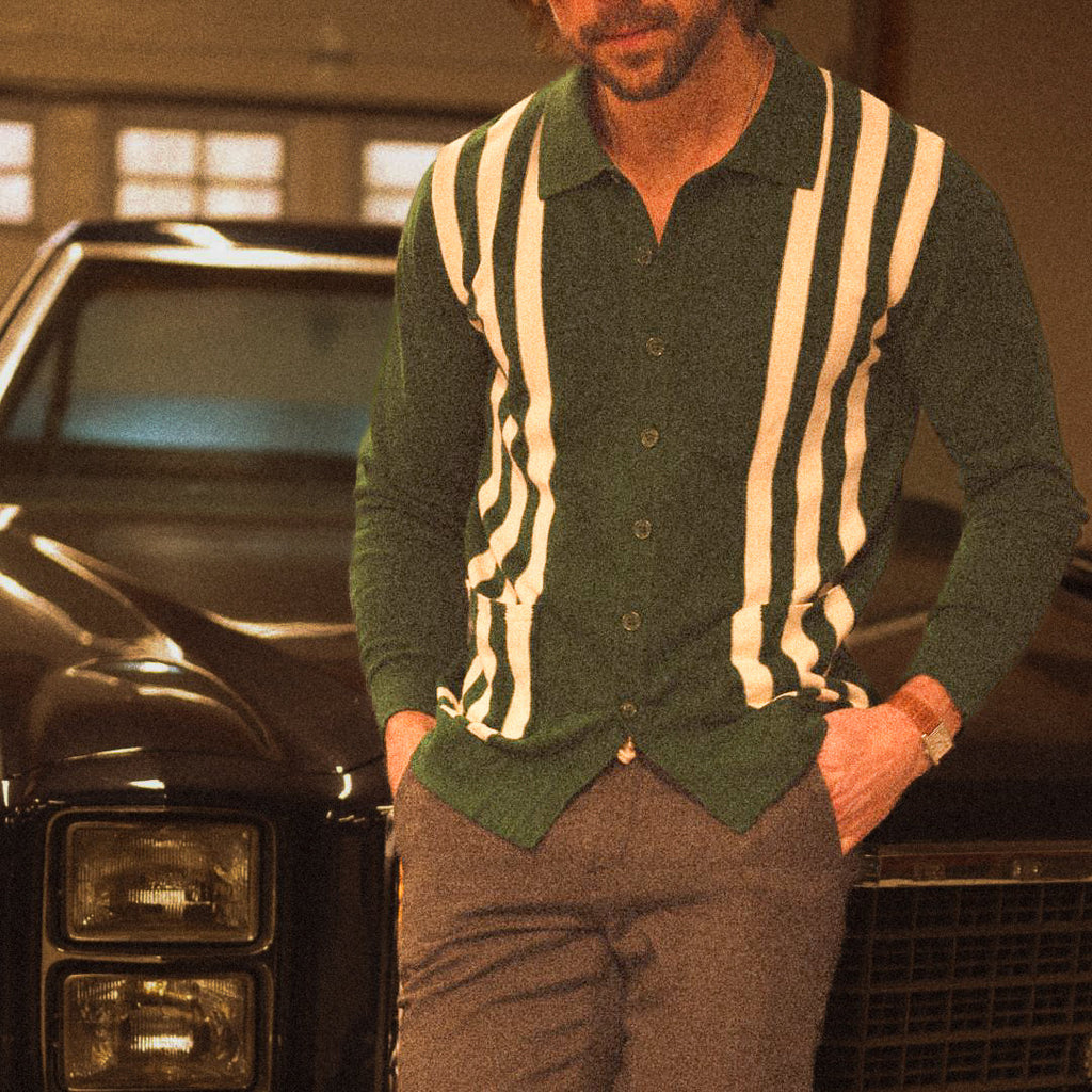 Vintage Stripe Polo Cardigan in Green and Cream Stripe — close-up styling