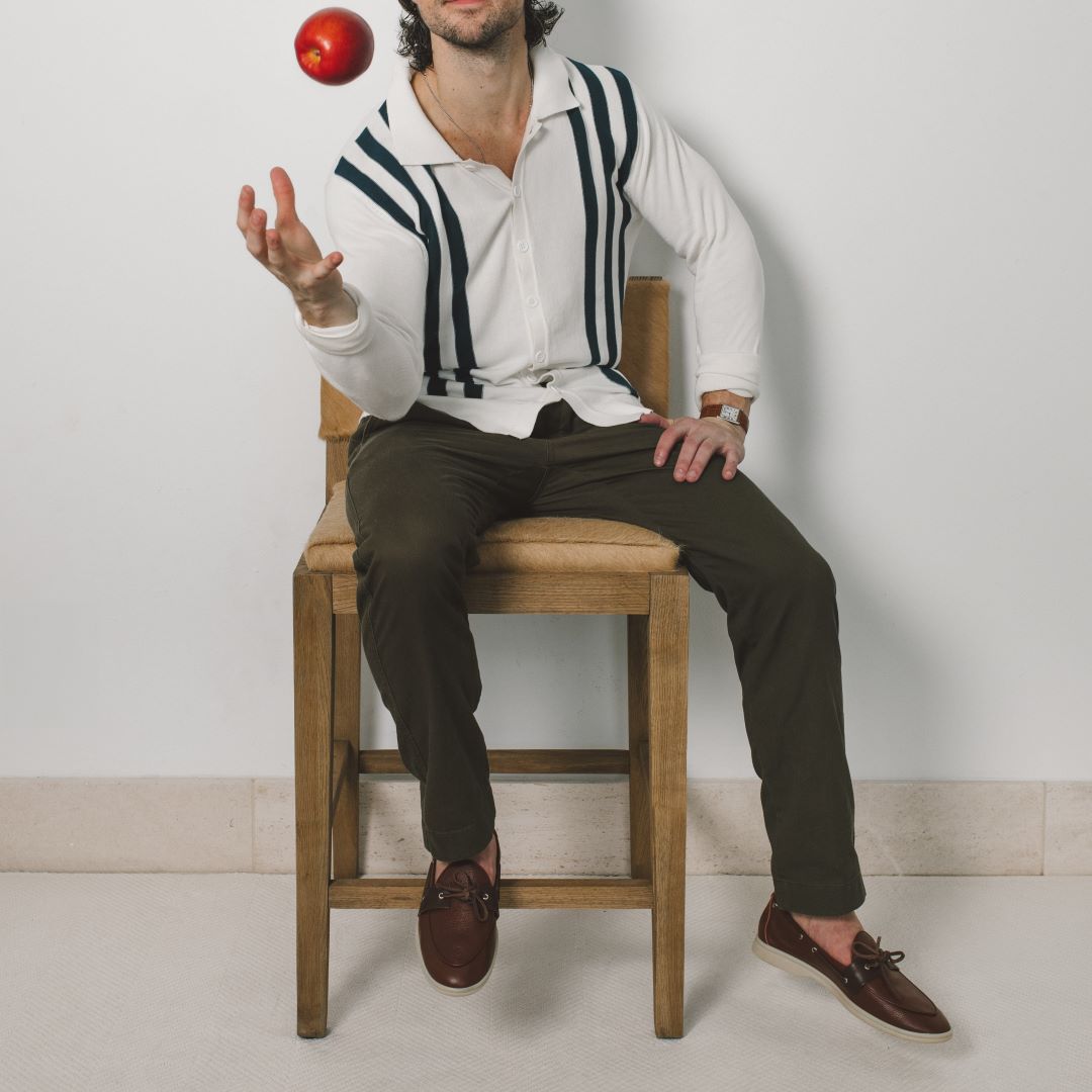Vintage Stripe Polo Cardigan in Vintage White and Oceana Stripe — styled product view