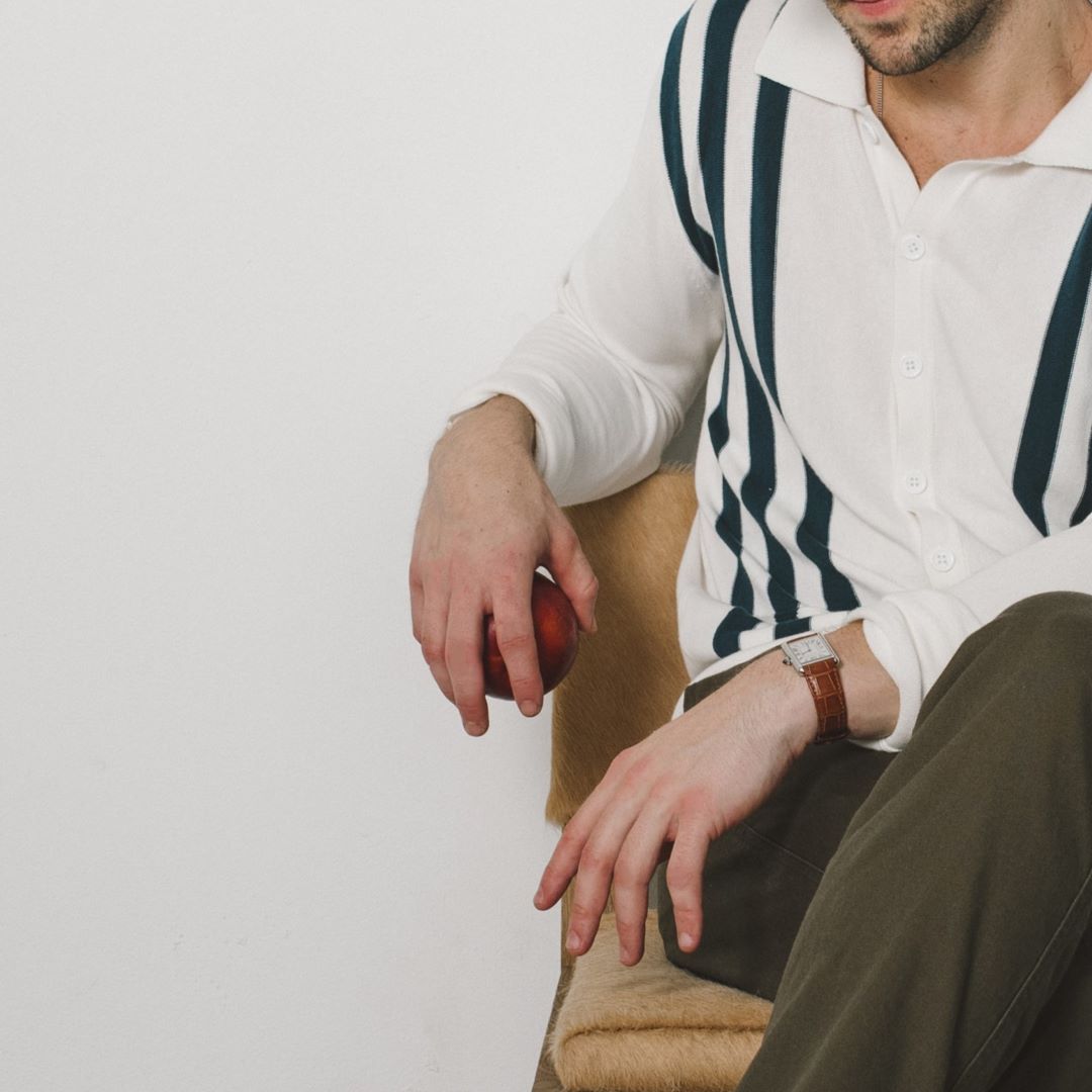 Vintage Stripe Polo Cardigan in Vintage White and Oceana Stripe — styled outfit view