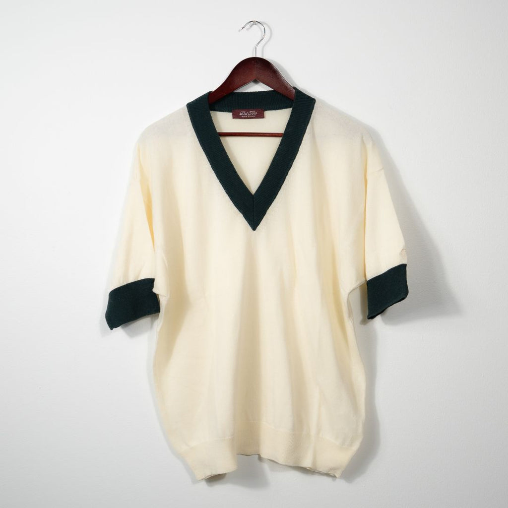 Vintage Short Sleeve V-Neck Sweater in Vintage White and Forest Green — styled product view