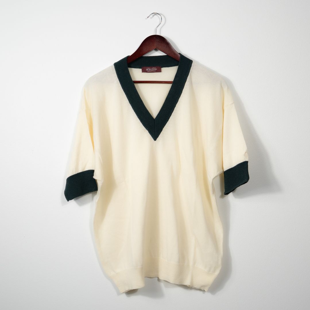 Vintage Short Sleeve V-Neck Sweater in Vintage White and Forest Green — styled product view