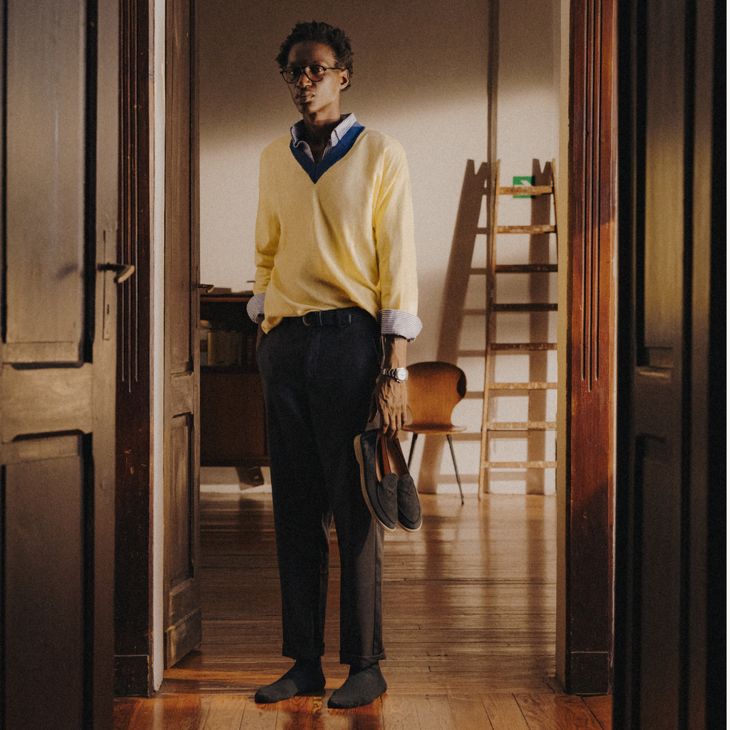 Vintage V-Neck Sweater in Vintage Yellow — styled product view