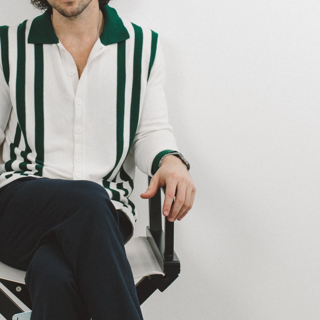 Vintage Stripe Polo Cardigan in Vintage White and Forest Stripe — styled outfit view