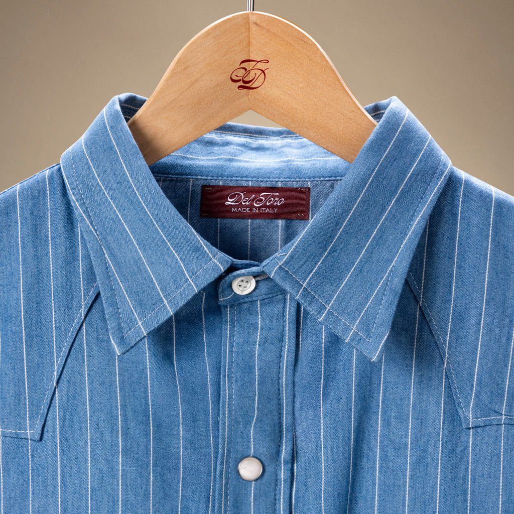 Western Shirt in Light Blue Pinstripe — garment detail