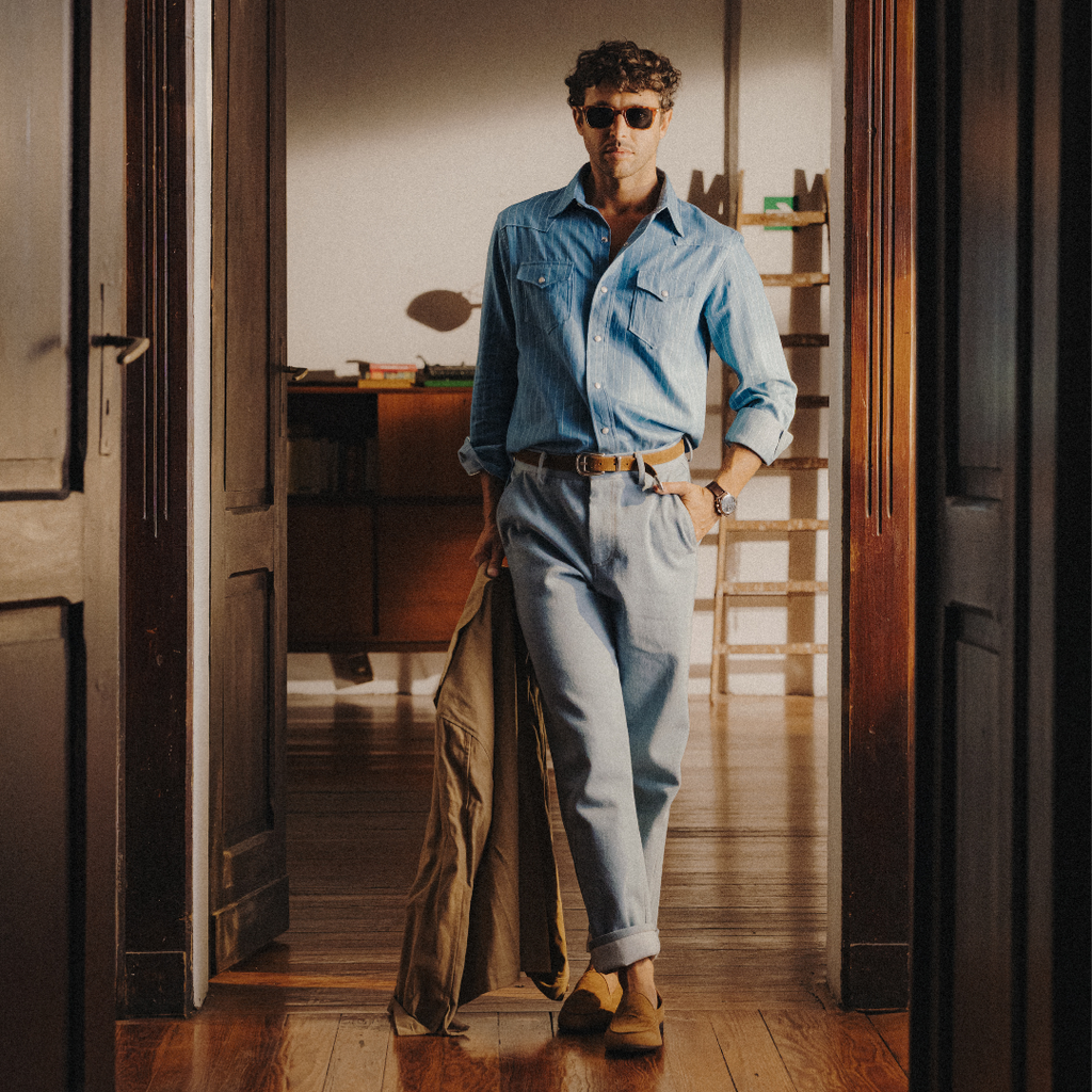 Western Shirt in Light Blue Pinstripe — styled product view