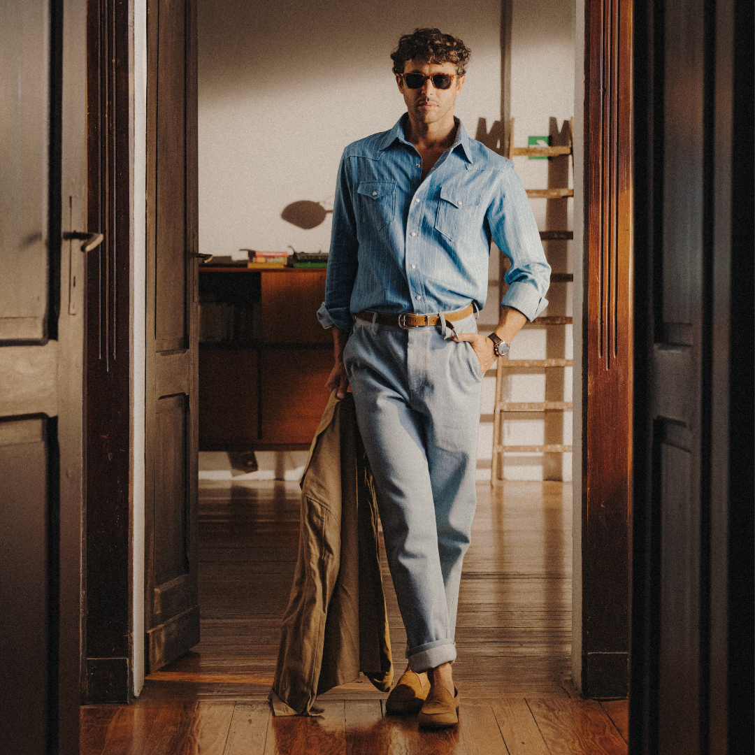Western Shirt in Light Blue Pinstripe — styled product view