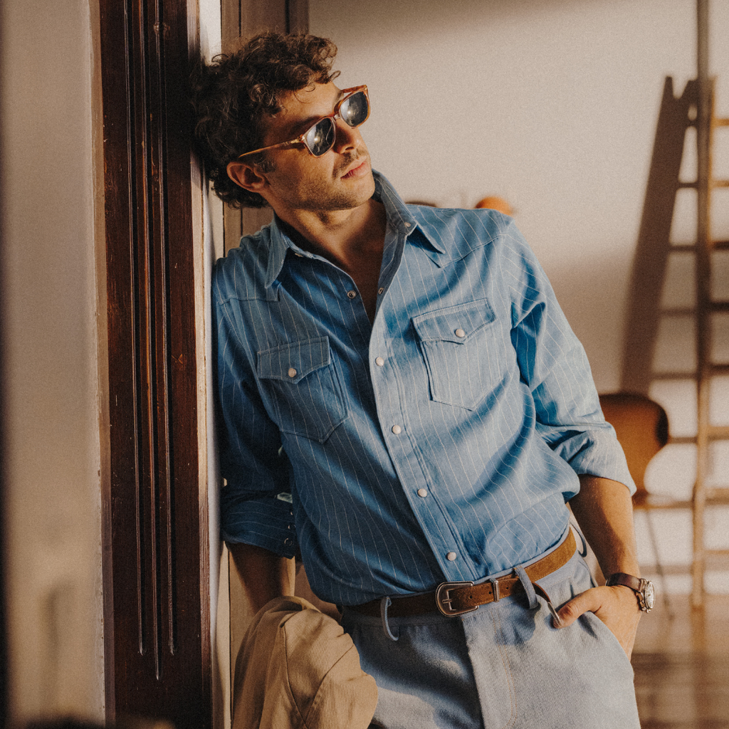 Western Shirt in Light Blue Pinstripe — styled outfit view