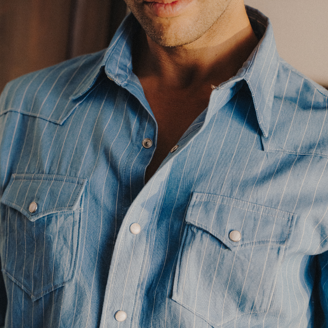 Western Shirt in Light Blue Pinstripe — styled close-up