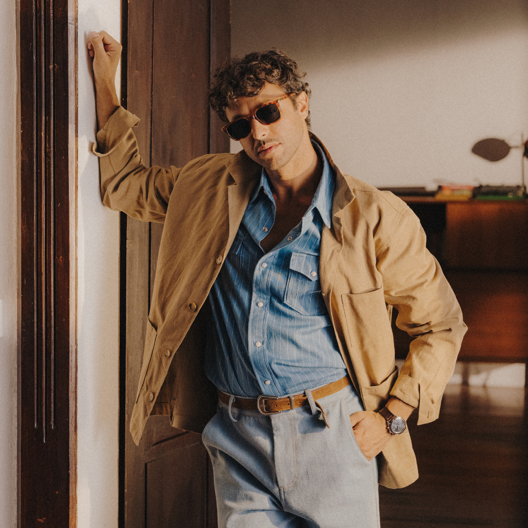 Western Shirt in Light Blue Pinstripe — styled hero view