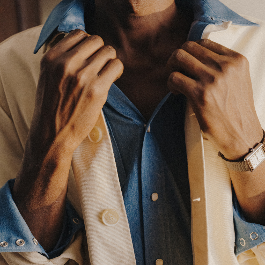 Western Shirt in Solid Blue — styled close-up