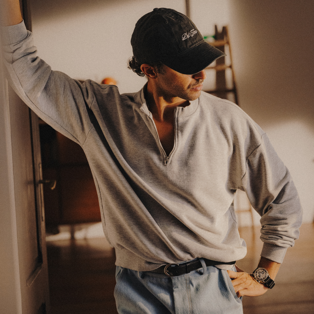 Vintage Zip Crewneck Sweatshirt in Heather Grey — styled product view