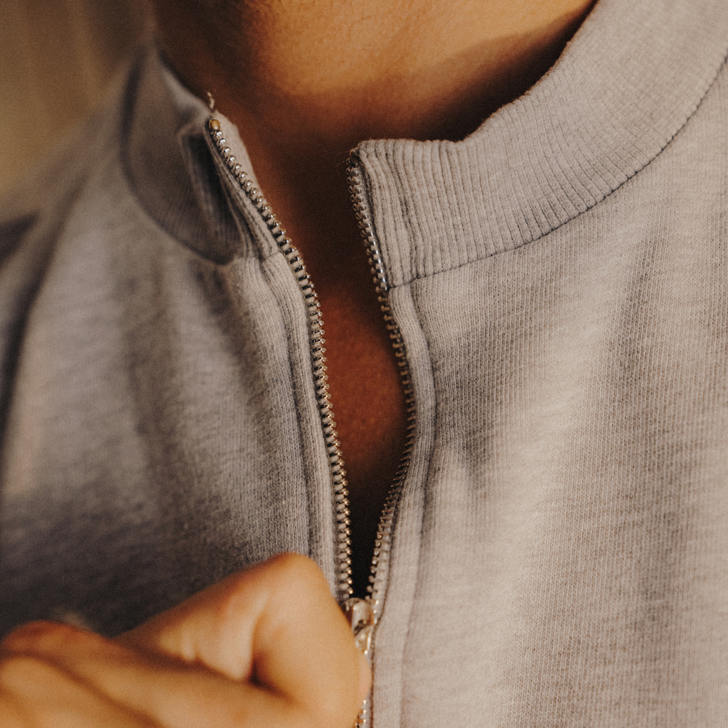 Vintage Zip Crewneck Sweatshirt in Heather Grey — styled outfit view