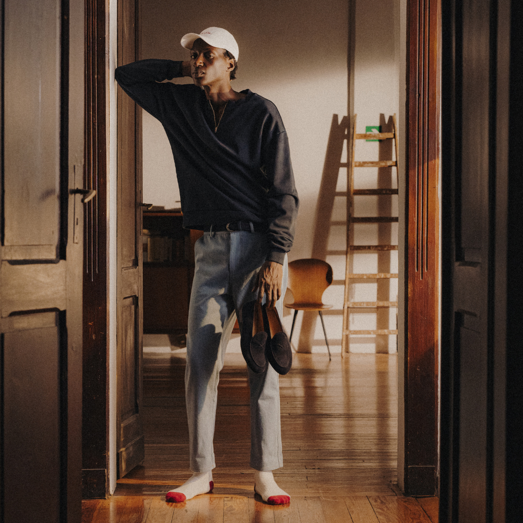 Vintage Zip Crewneck Sweatshirt in Navy — styled outfit view