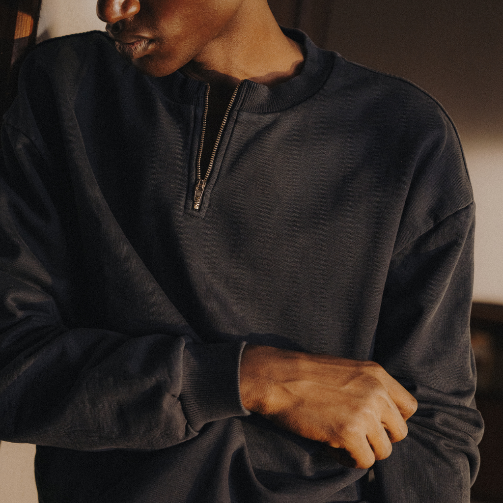 Vintage Zip Crewneck Sweatshirt in Navy — styled close-up