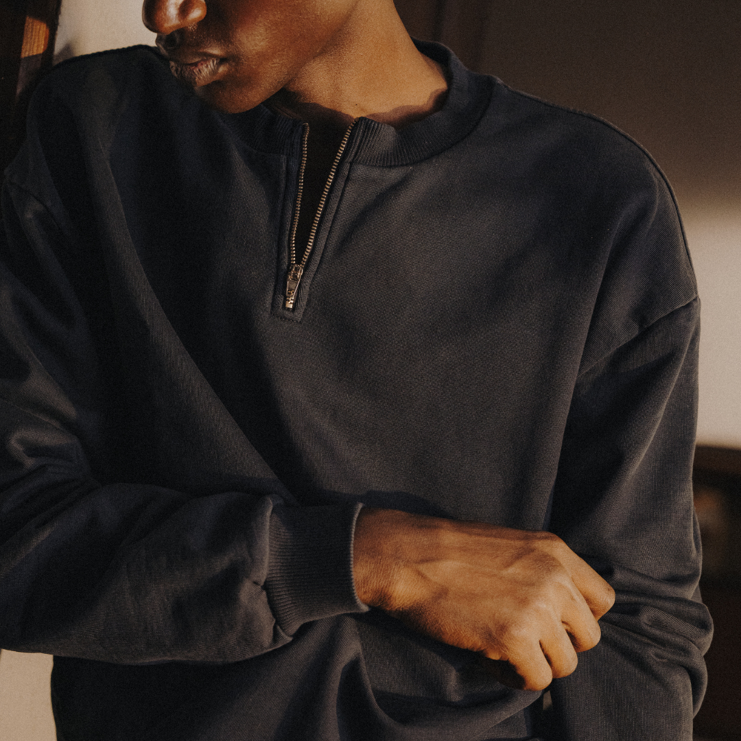Vintage Zip Crewneck Sweatshirt in Navy — styled close-up