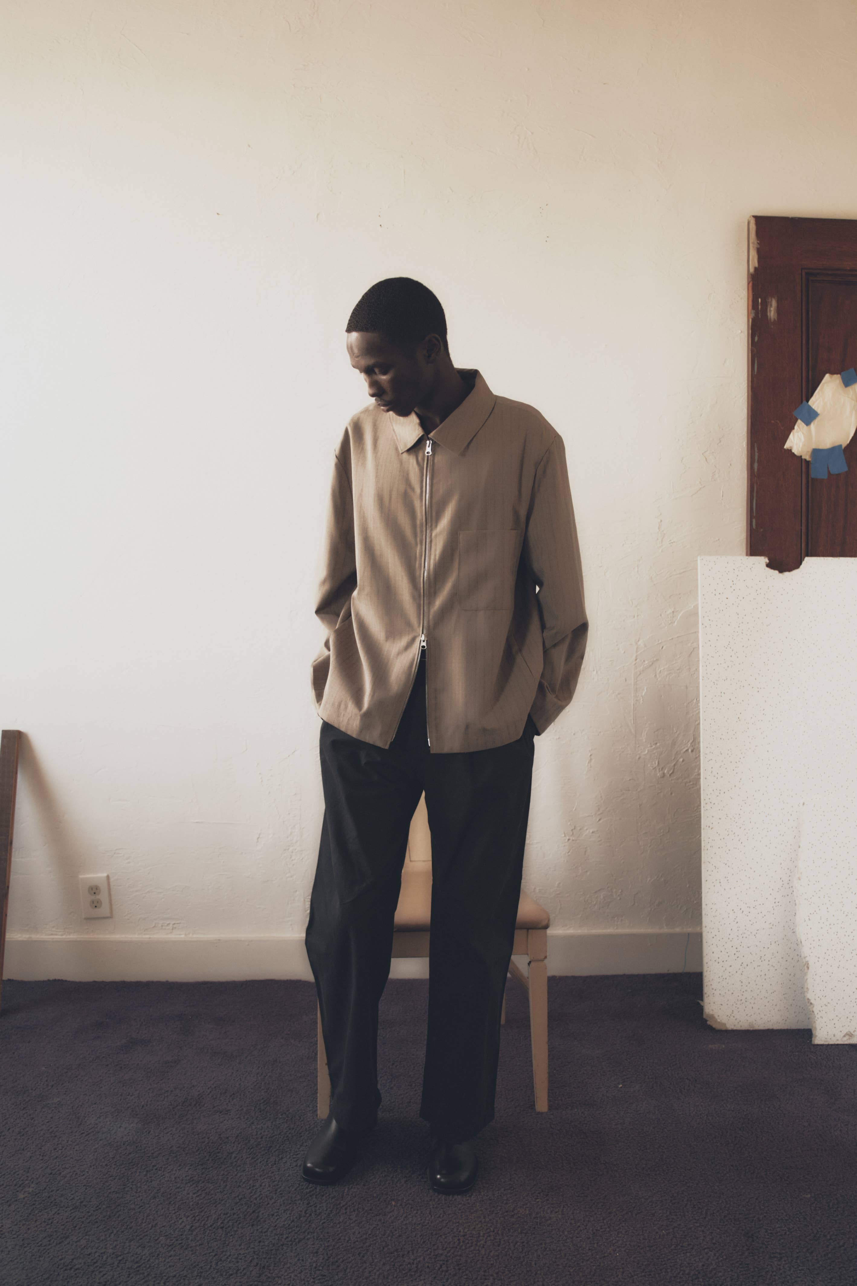 Common Market The Benjamin Jacket | Collared Zip-Up Pinstripe Jacket - Taupe — view 3 of 6
